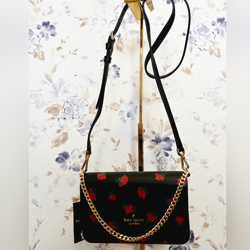Kate ♠︎ Spade - NWT Sm Flap Leather Crossbody with Red Rose Print